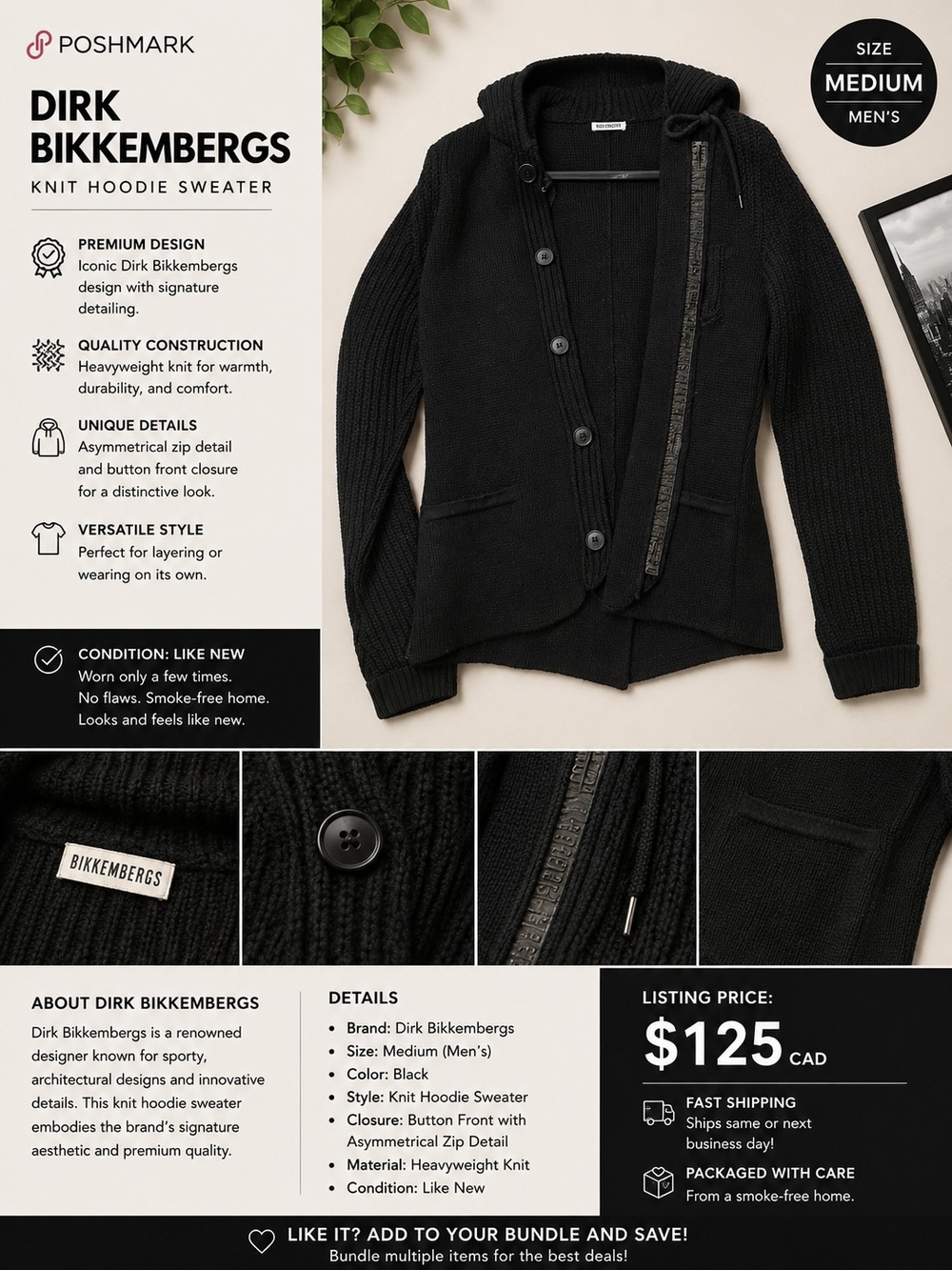 Dirk Bikkembergs Black Heavyweight Knit Hooded Sweater